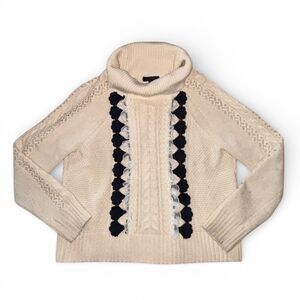 J. Crew Turtleneck Sweater White with Black Ribbon and Lace XS Cottage Twee